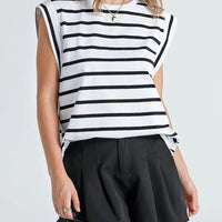 Striped Round Neck Cap Sleeve T-Shirt