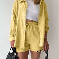 Texture Button Up Shirt and Drawstring Shorts Set