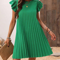 Pleated Round Neck Cap Sleeve Mini Dress