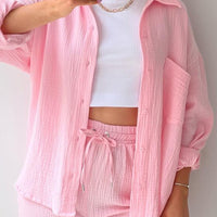 Texture Button Up Shirt and Drawstring Shorts Set