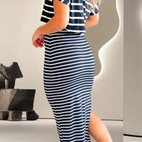 Slit Striped Short Sleeve Dress