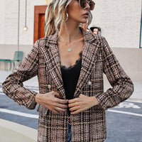 Full Size Plaid Lapel Collar Blazer