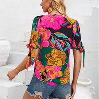 Tied Printed Notched Short Sleeve Blouse