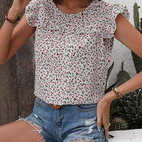 Ruffled Printed Round Neck Cap Sleeve Blouse