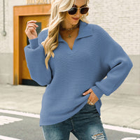 Horizontal Ribbing Johnny Collar Sweater