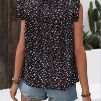 Ruffled Printed Round Neck Cap Sleeve Blouse