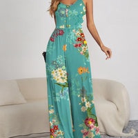 Decorative Button Spaghetti Strap Wide Leg Jumpsuit