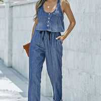 Buttoned Scoop Neck Denim Jumpsuit