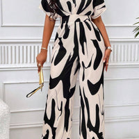 Printed V-Neck Short Sleeve Wide Leg Jumpsuit