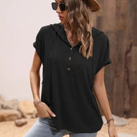 Half Button Hooded Short Sleeve Blouse