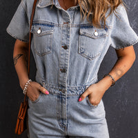 Collared Neck Short Sleeve Denim Romper