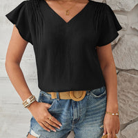 Ruched V-Neck Flounce Sleeve Blouse