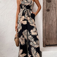 Printed Strapless Wide Leg Jumpsuit with Pockets