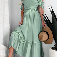 Frill Smocked Off-Shoulder Ruffle Sleeve Dress