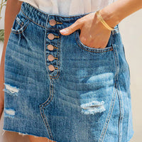 Button-Fly Distressed Raw Hem Denim Skirt