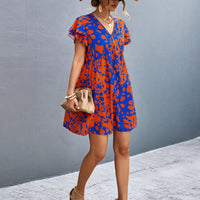 Ruffled Printed V-Neck Short Sleeve Mini Dress