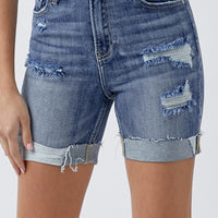 RISEN Full Size Distressed Rolled Denim Shorts with Pockets