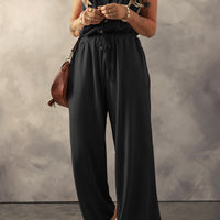 Waffle-Knit Drawstring Wide Strap Jumpsuit