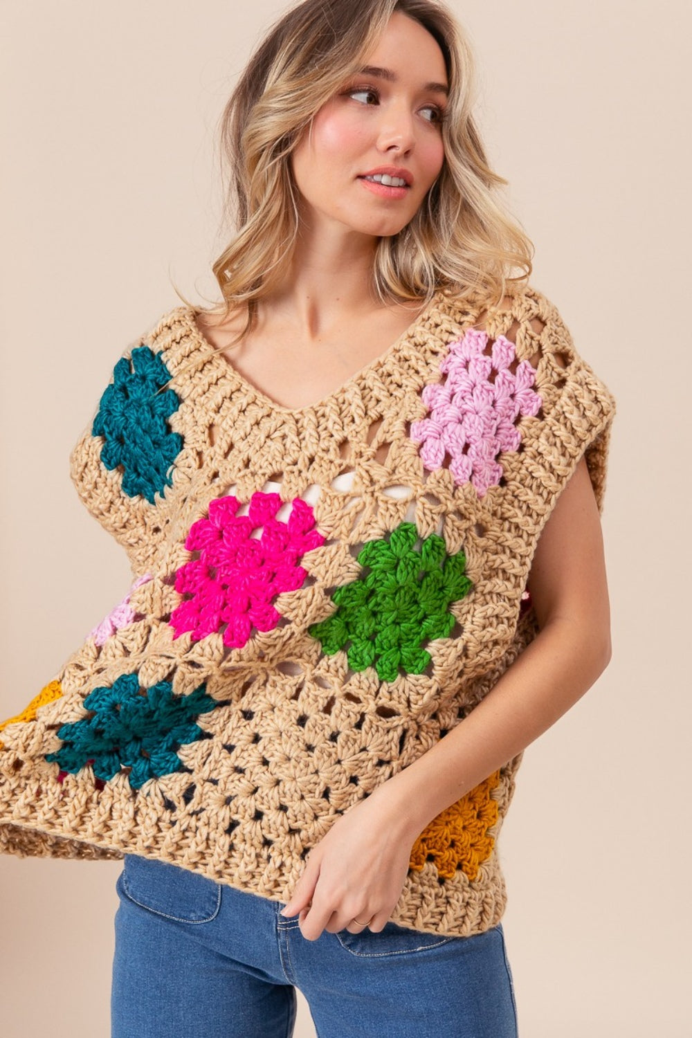 BiBi Granny Square Openwork Sweater Vest