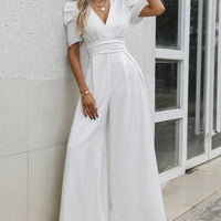 V-Neck Short Sleeve Wide Leg Jumpsuit