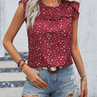 Ruffled Printed Round Neck Cap Sleeve Blouse