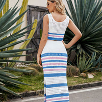 Striped Openwork Cropped Tank and Split Skirt Set