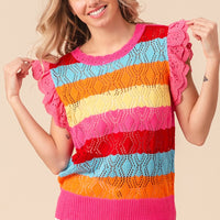 BiBi Pointelle Striped Ruffled Knit Top