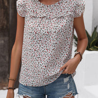 Ruffled Printed Round Neck Cap Sleeve Blouse