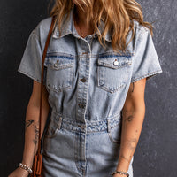 Collared Neck Short Sleeve Denim Romper