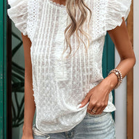 Lace Detail Eyelet Ruffle Cap Sleeve Blouse