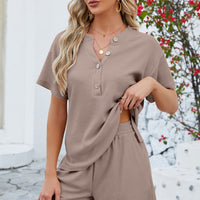 Notched Button Detail Dropped Shoulder Top and Shorts Set