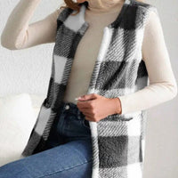 Sherpa Plaid Open Front Vest Coat