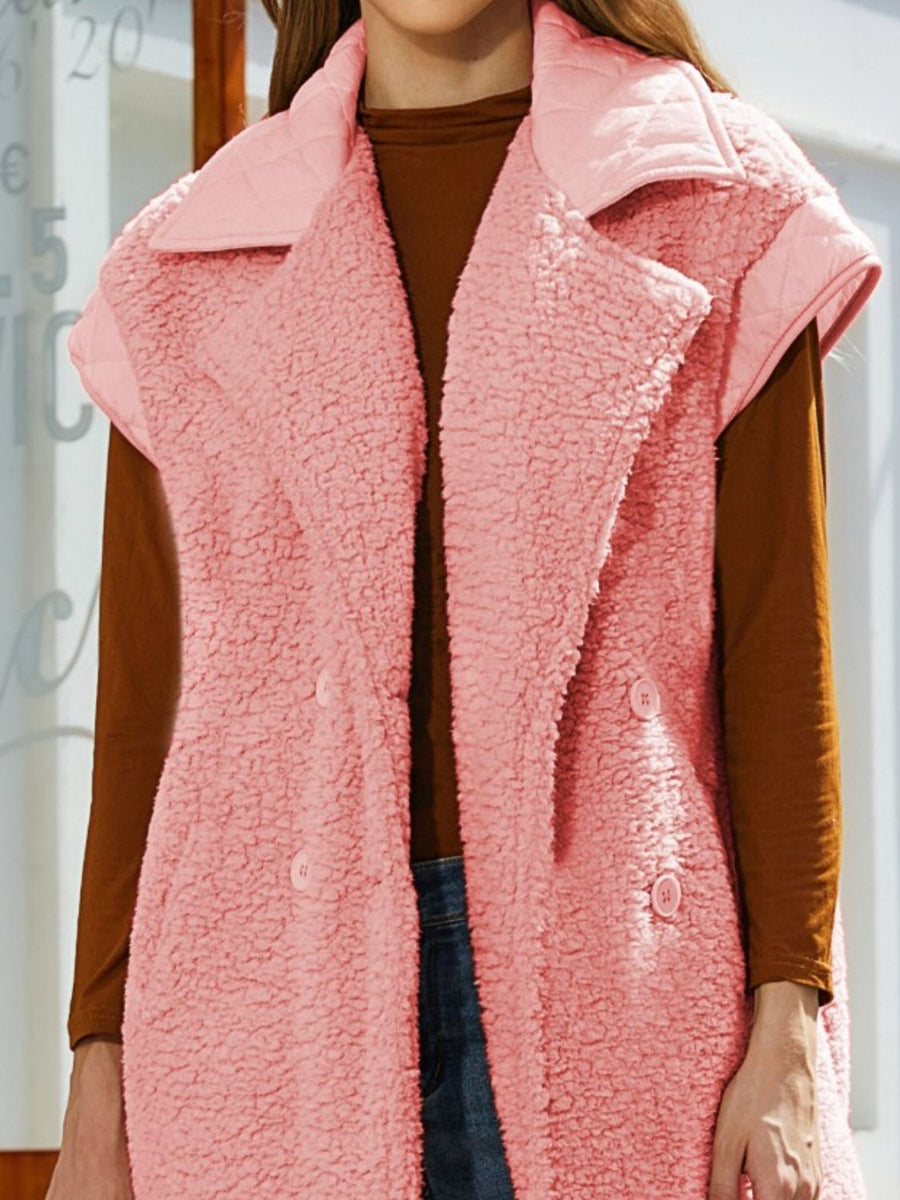 Fuzzy Collared Neck Button Up Vest Coat