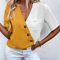 Decorative Button Surplice Short Sleeve Blouse