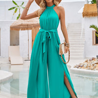 Ruched Slit Tied Sleeveless Jumpsuit