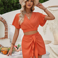 Surplice Flutter Sleeve Top and Tied Shorts Set