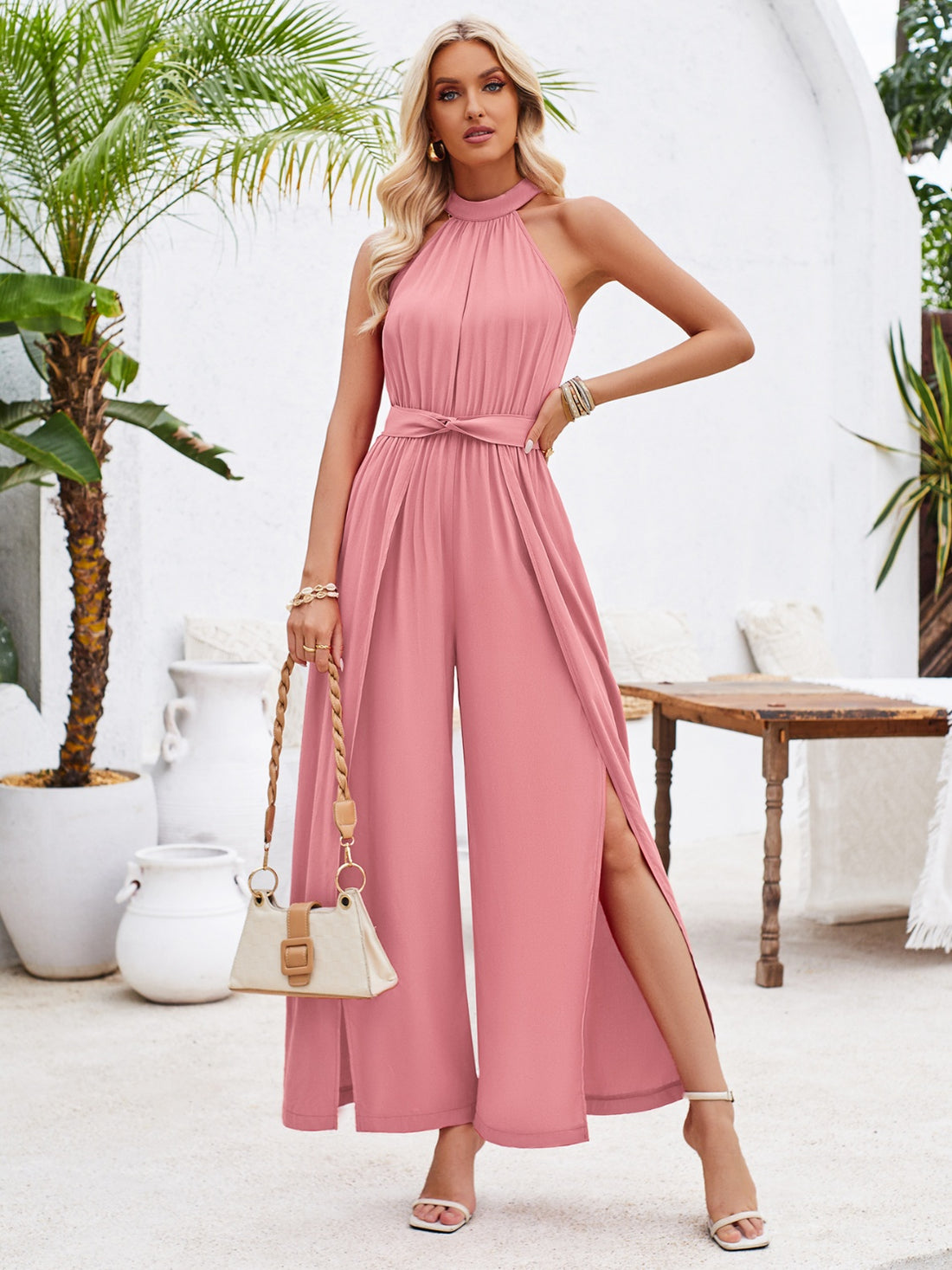 Ruched Slit Tied Sleeveless Jumpsuit