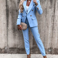 Lapel Collar Long Sleeve Blazer and Pants Set