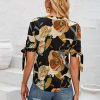 Tied Printed Notched Short Sleeve Blouse