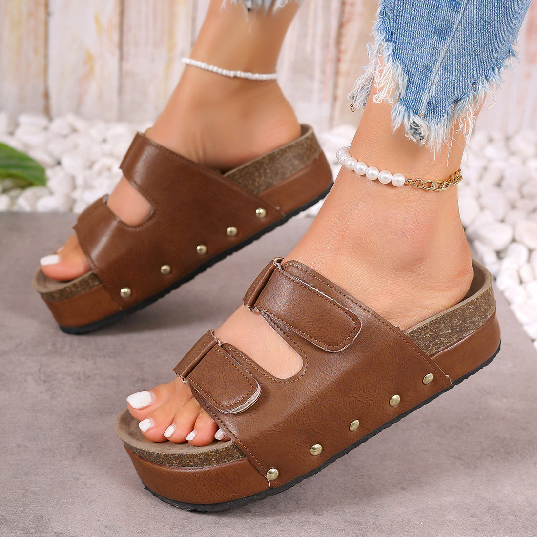 PU Leather Studded Platform Slides