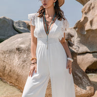 Lace Detail Plunge Cap Sleeve Jumpsuit