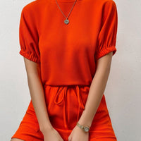 Waffle-Knit Round Neck T-Shirt and Pocketed Shorts Lounge Set