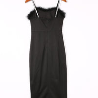 Slit Plush Trim Spaghetti Strap Dress