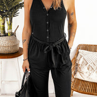 Full Size Tie Waist Sleeveless Jumpsuit with Pockets