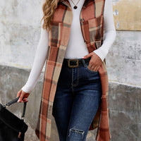 Perfee Pocketed Button Up Plaid Vest