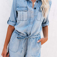 Drawstring Half Button Half Sleeve Denim Romper