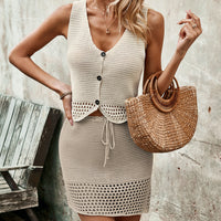 Button Up Sleeveless Top and Drawstring Skirt Set