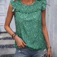 Ruffled Printed Round Neck Cap Sleeve Blouse