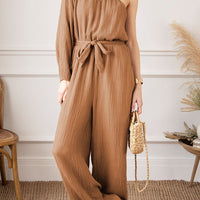 Texture Single Shoulder Tie-Waist Jumpsuit