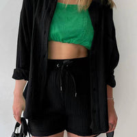 Texture Button Up Shirt and Drawstring Shorts Set